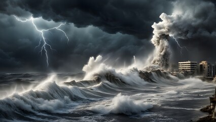Fototapeta premium A stormy ocean with a large wave crashing into a building