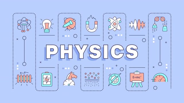 Physics word concept animation. Scientific experiments, electricity. Applied technology, electromagnetic. Animated banner with colorful icons. HD video with alpha channel. Motion graphic