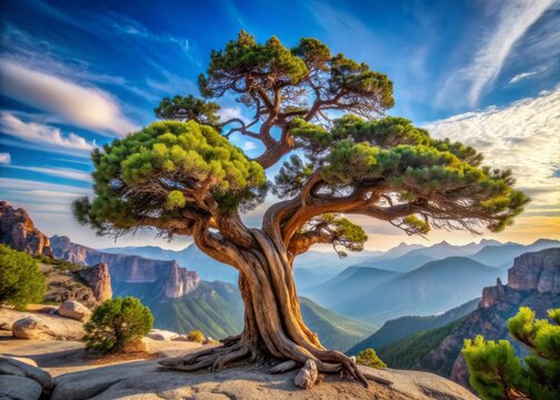 Majestic ancient temple juniper tree with twisted branches and scaly bark standing tall in a serene mountain landscape atmosphere.