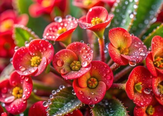 Intimate view of delicate Euphorbia milii flowers with morning dew droplets glistening on prickly stems, showcasing vibrant red hues and intricate details.