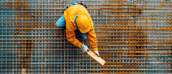 Construction Worker on Site With Metal Mesh