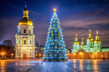 Illuminated Christmas tree standing tall outdoors at night in Kiev, with majestic St Sophia Cathedral shining bright in the background.