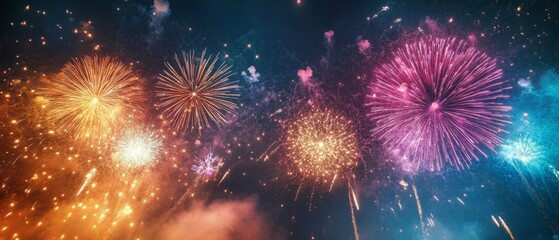 Fototapeta premium Vibrant Fireworks Display Lighting Up the Night Sky with Colorful Explosions and Sparkling Lights