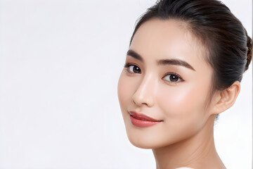 Naklejka premium Beautiful young asian woman with clean fresh skin on white background, Face care, Facial treatment, Cosmetology, beauty and spa, Asian women portrait. 