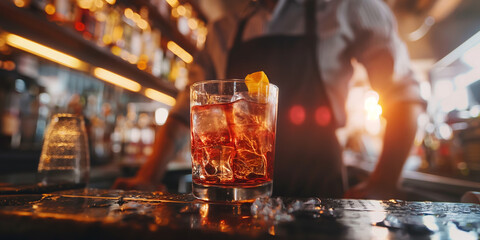 Obraz premium Refreshing Cocktail on Bar Counter in Cozy Atmospheric Pub with Warm Lighting