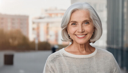 Fototapeta premium Smiling portrait of crazy senior woman looking at camera outdoor. Head shot of 60 year old woman.
