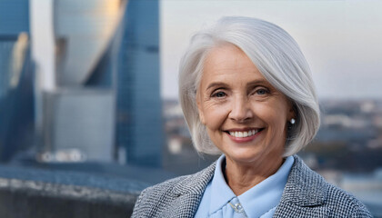 Smiling portrait of crazy senior woman looking at camera outdoor. Head shot of 60 year old woman.