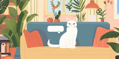 White Cat on a Sofa in a Cozy Living Room with Indoor Plants and Warm Lighting