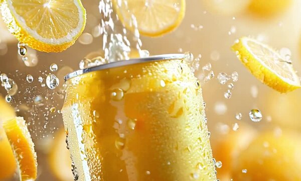 A refreshing lemon soda can with water splashes and lemon slices, set against a vibrant yellow background