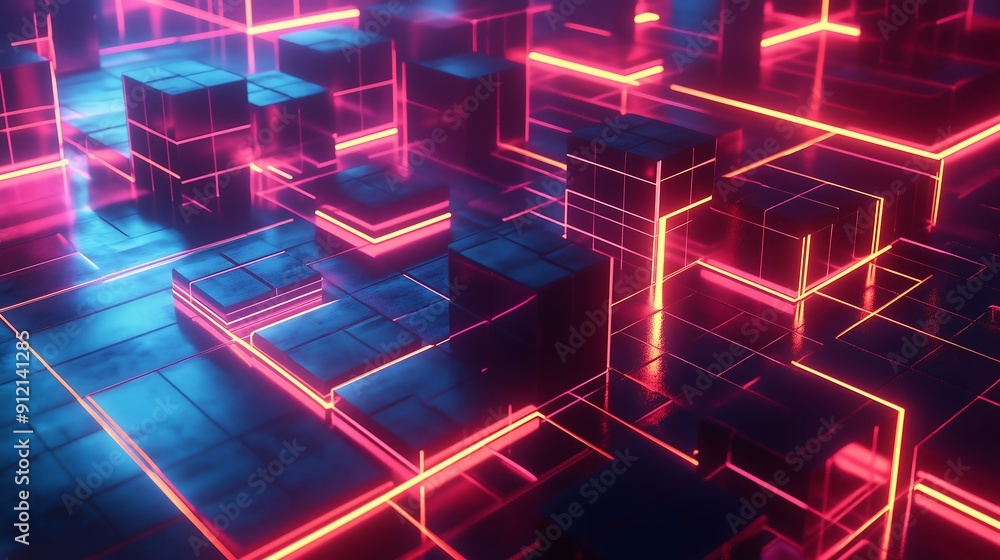 Poster 3d cube with glowing lines