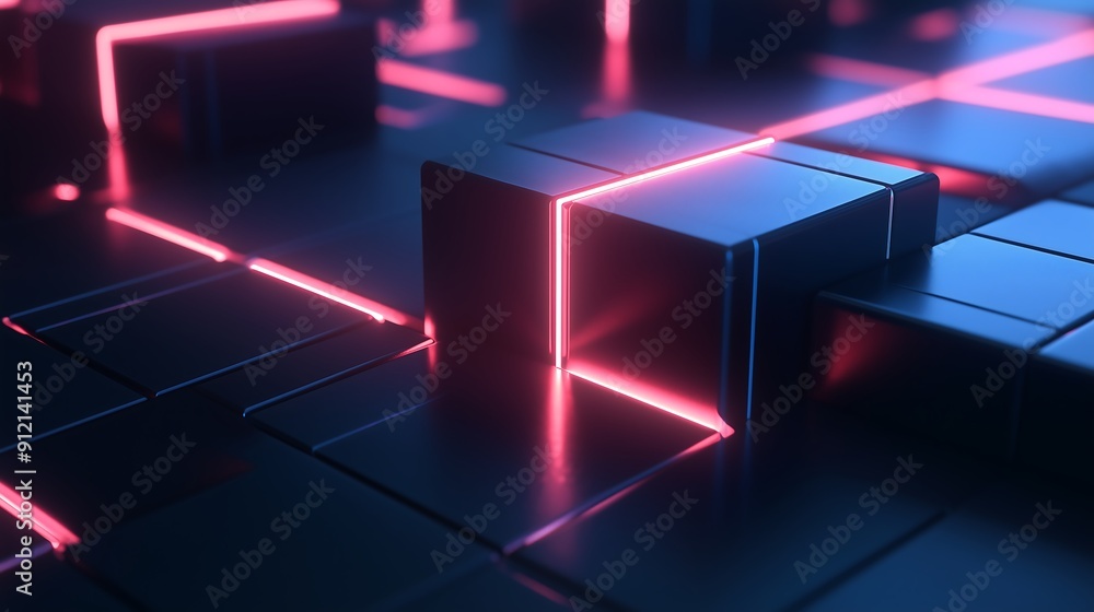 Poster 3d cube with glowing lines
