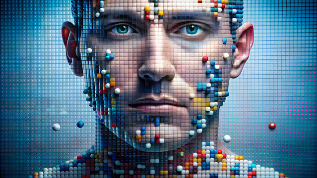 A digital screen or mosaic image of a human face or body made up of tiny pill-shaped pixels. This concept can highlight the intersection of technology and medicine.