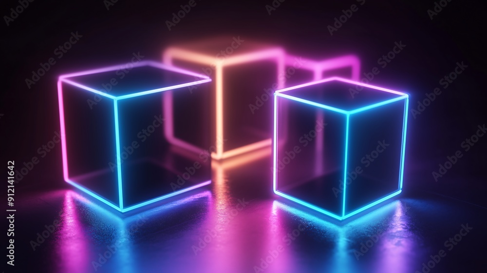Poster 3d cube with glowing lines