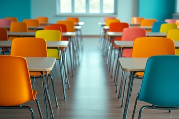 An empty school classroom with colorful desks and chairs, a blurry background
