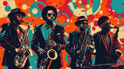 Colorful musicians playing instruments on vibrant backdrop.