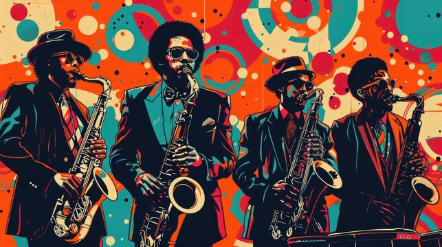 Colorful musicians playing instruments on vibrant backdrop.