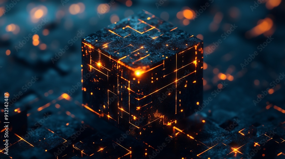 Poster 3d cube with glowing lines