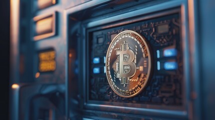 Fototapeta premium Bitcoin Coin in a Digital Safe