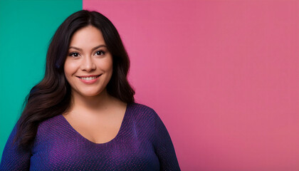Fototapeta premium Middle eastern plus size woman model confident smiling looking at camera on colorful background.