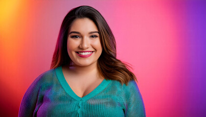 Fototapeta premium Middle eastern plus size woman model confident smiling looking at camera on colorful background.
