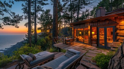 Obraz premium Luxurious cabin retreat overlooking an ocean sunset