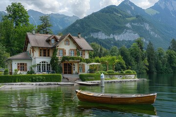 Naklejka premium Lakeside house with mountain backdrop and boat on water.