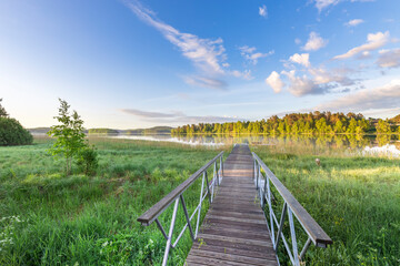 A wooden bridge spans a river in a lush green field