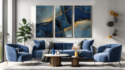 Modern Living Room Interior Design with Blue Velvet Furniture and Abstract Art