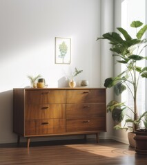 A vintage wooden dresser with four drawers is placed against a light gray wall, bathed in soft natural light.