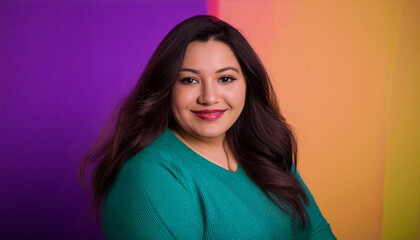 Fototapeta premium Middle eastern plus size woman model confident smiling looking at camera on colorful background.