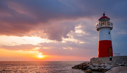 Naklejka premium Lighthouse during sunset. calm sea good weather. 
