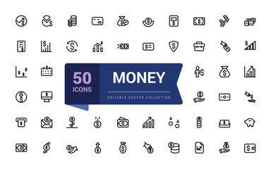 Simple set of money related line icons. Contains as wallet, ATM, bundle of money, coin and more. Minimalistic web and UI icon. Outline icon collections.