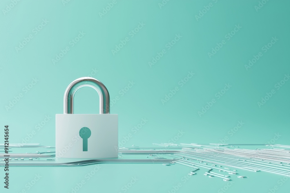 Poster white lock icon with circuit board background - data security concept