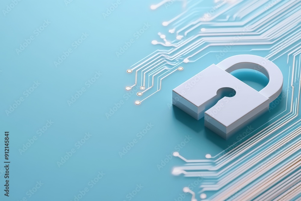 Poster white lock icon with circuit board background - data security concept