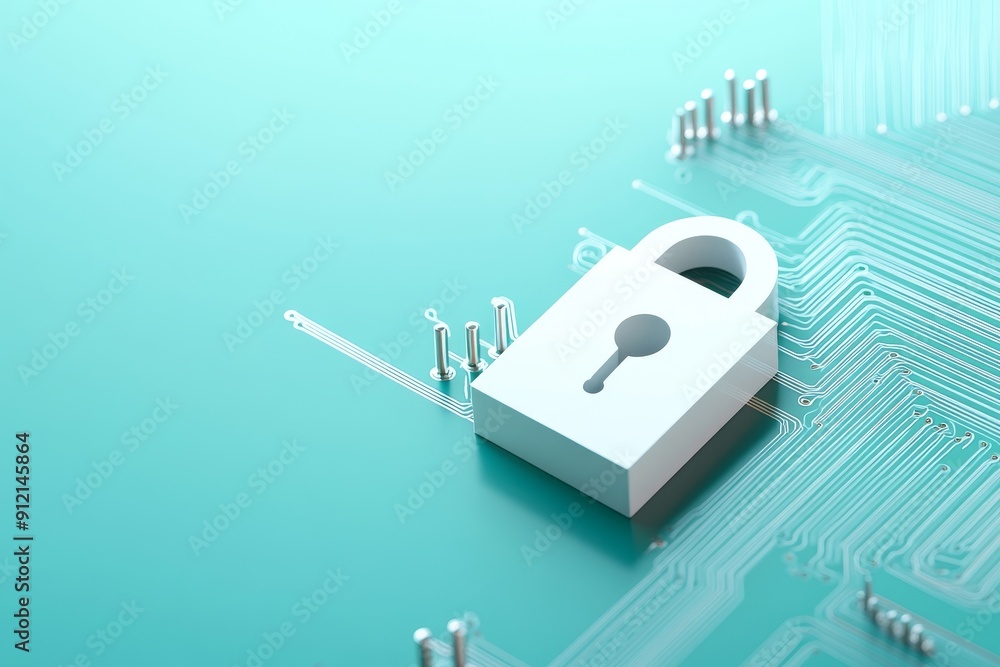 Poster white lock icon with circuit board background - data security concept