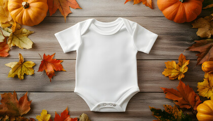 White baby bodysuit mock-up, Halloween-themed, on a wooden background  design