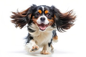 Happy Cavalier King Charles Spaniel Running with Ears Flying.