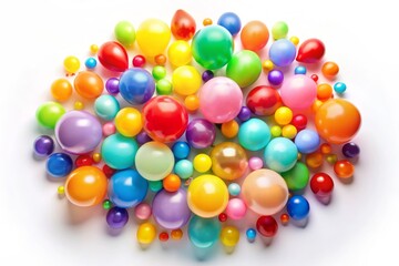 Vibrant balloons in various sizes and colors form a whimsical circular pattern on a white background, creating a playful and festive atmosphere.