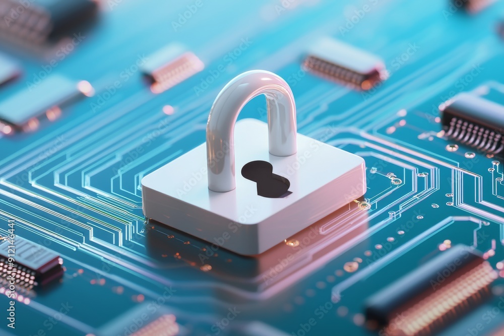 Poster white lock icon with circuit board background - data security concept