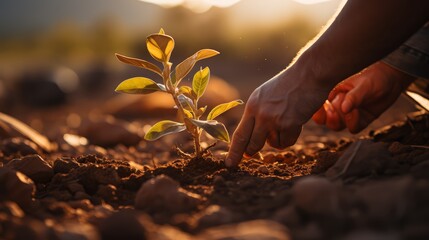 Fototapeta premium A hand gently caresses the stem of a young plant as it takes root in the rich soil, bathed in the warm glow of the setting sun.