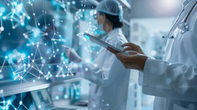 a doctor holds a digital tablet while another lab tech is touching it, in the style of futuristic abstracts, bokeh panorama, light gray and blue, AI Generative