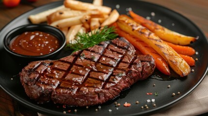 Grilled Steak with Roasted Carrots and Potatoes Served with Dipping Sauce