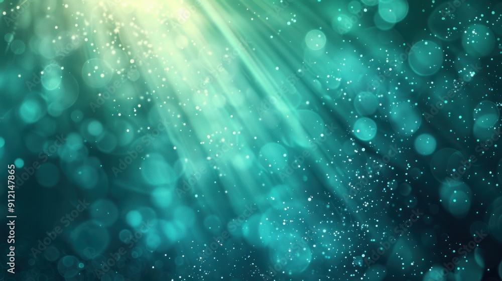 Poster abstract teal background with light rays and bokeh