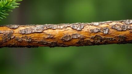 Fototapeta premium A close-up of a rugged tree branch with rough, abrasive bark texture, untouched and surrounded by a natural forest background