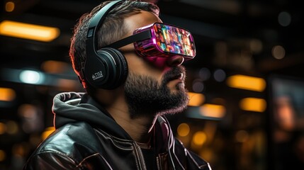 Obraz premium A man wearing a black jacket and headphones is looking at a screen