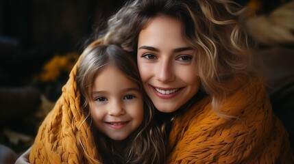 Fototapeta premium A woman and a little girl are hugging each other in a yellow blanket