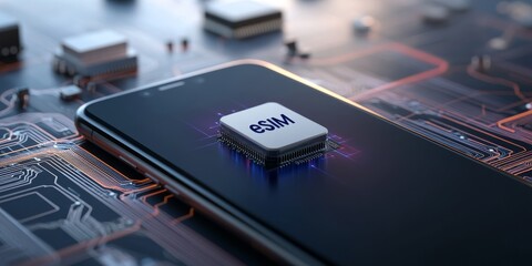 Smartphone with 'eSIM' Logo Surrounded by Digital Connections
