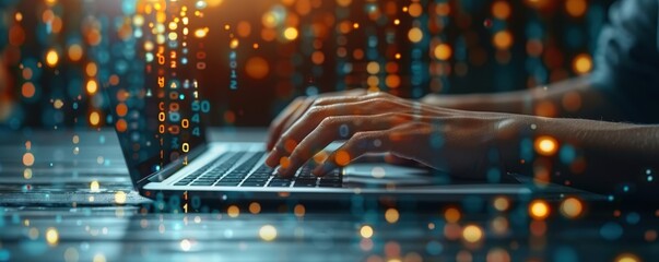 Hands typing on a laptop with a focus on campaign metrics data, marketing, advertising, campaign.