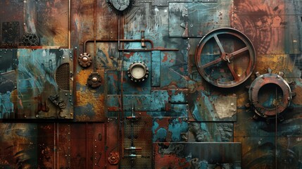An interesting background featuring an array of unusual objects and textures, such as rusted metal, cracked paint, and vintage items, creating a visually intriguing and eclectic look, perfect for