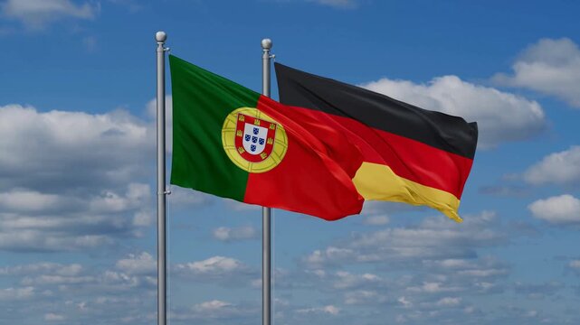 Germany and Portugal flags flying together, video concept of the relationship, two country relations concept